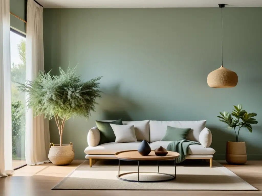 Salón minimalista en tonos verdes, armonía y equilibrio