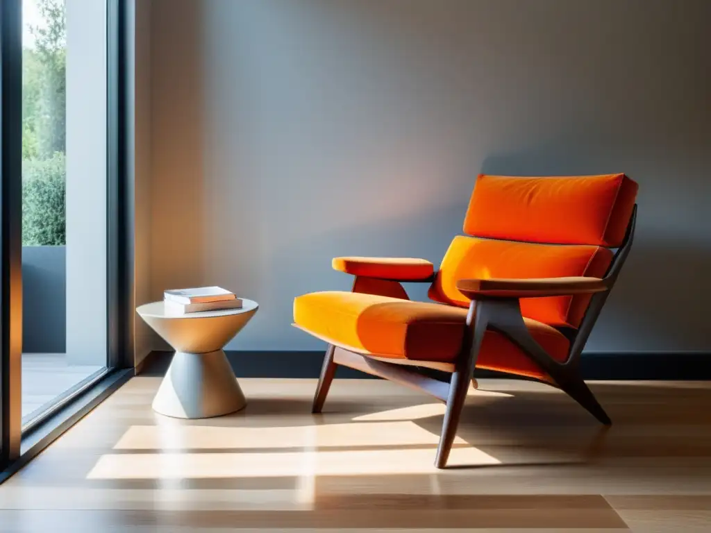 Un salón minimalista con un toque de naranja en una silla moderna, brindando equilibrio y energía al ambiente