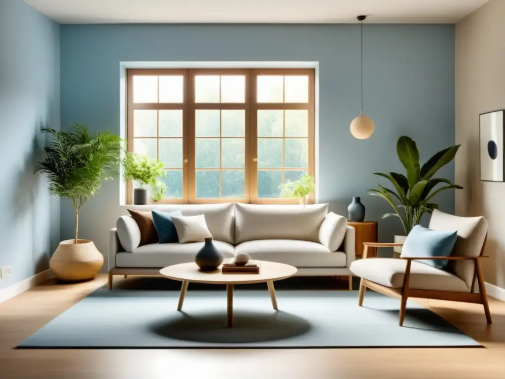 Salón minimalista con toques de Feng Shui para bienestar, ambiente sereno y equilibrado