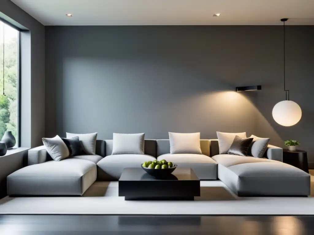 Un salón minimalista con toques de color gris en feng shui