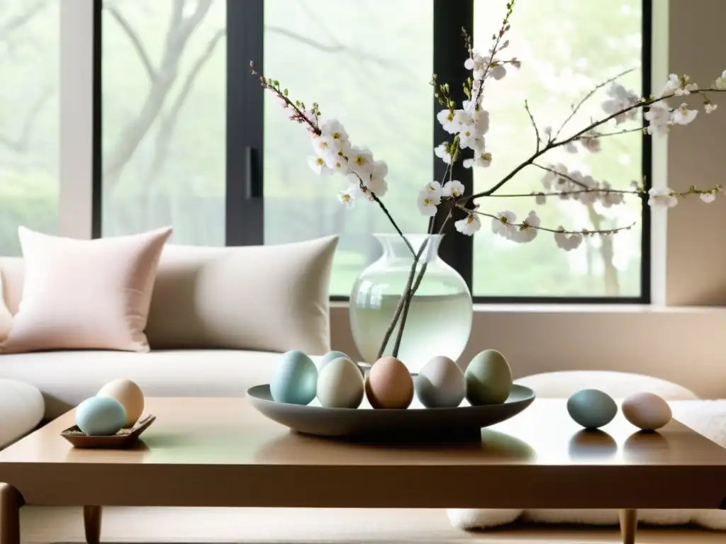 Un salón minimalista y tranquilo con decoración Feng Shui para Pascua, bañado por suave luz natural y ambientes armoniosos