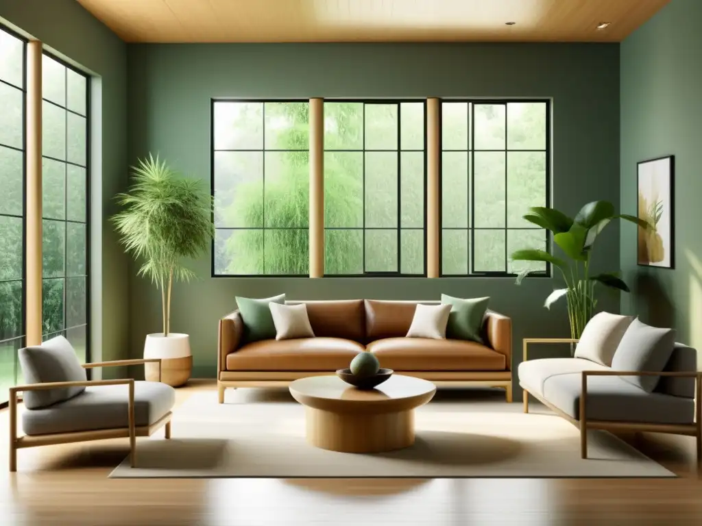 Salón minimalista y tranquilo con elementos ecoamigables y luz natural, en armonía con los principios de la evolución del Feng Shui ecosostenible