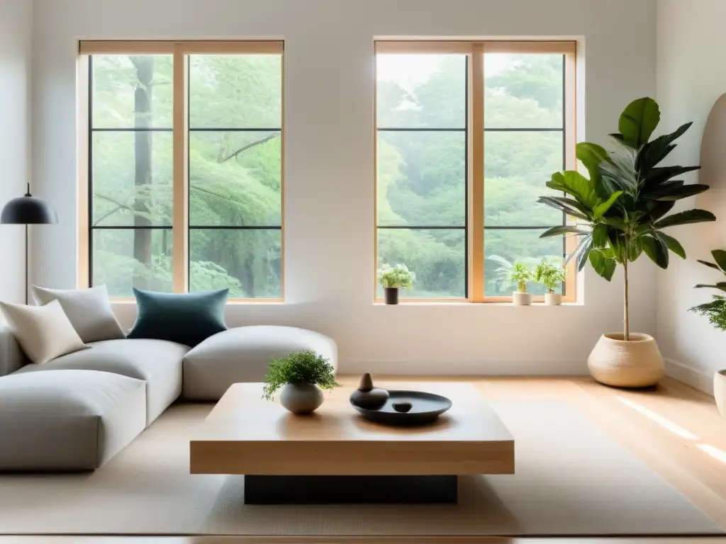 Salón minimalista con transiciones suaves y consejos de Feng Shui para armonía