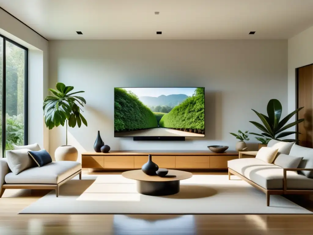 Salón minimalista con TV camuflada como arte, plantas y luz natural