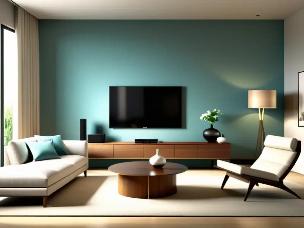 Salón minimalista con ubicación ideal televisores Feng Shui, decorado armoniosamente y bañado por luz natural