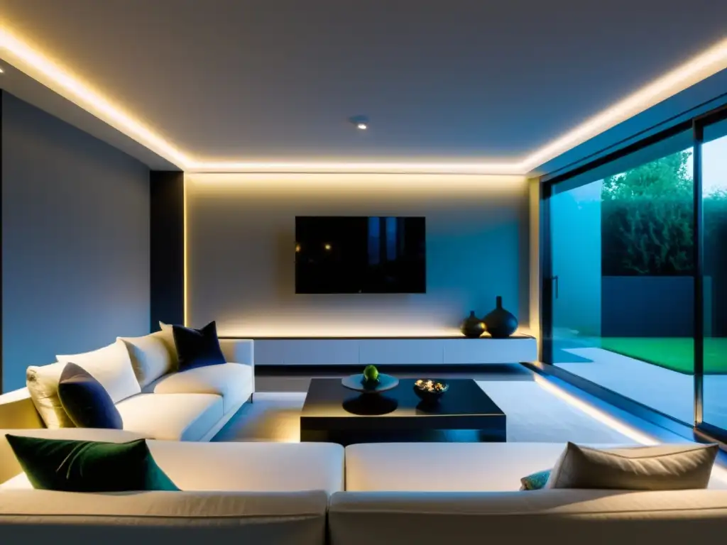 Salón minimalista y ultramoderno con iluminación adaptable Feng Shui, muebles de perfil bajo y arte vibrante