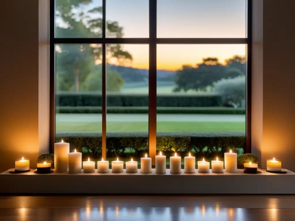 Salón minimalista con velas para armonía, iluminado por ventana hacia jardín sereno