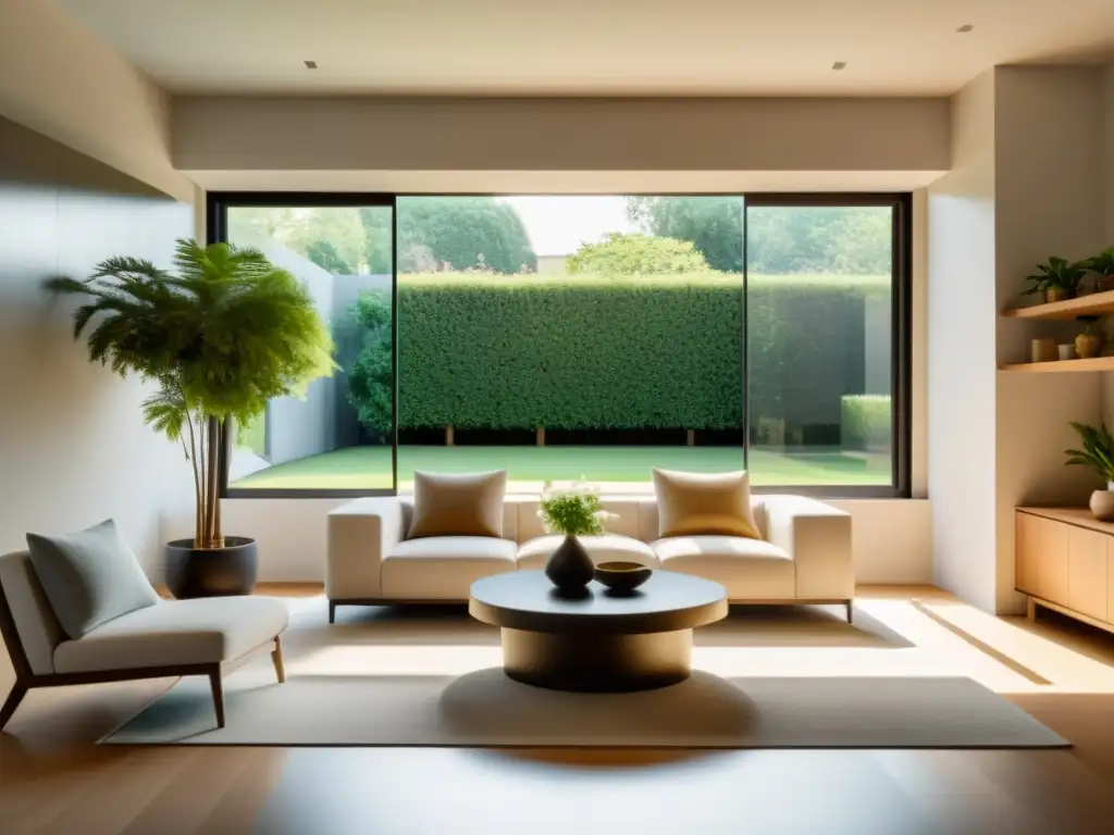 Salón minimalista con ventana abierta hacia un jardín sereno