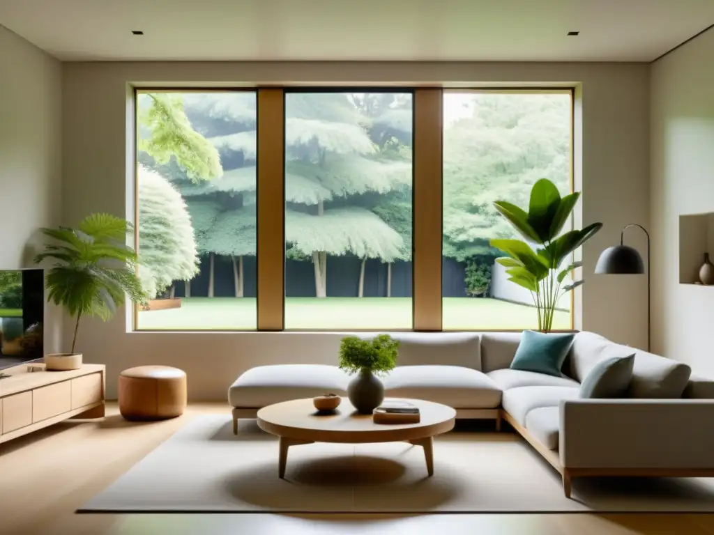 Salón minimalista con ventana abierta hacia jardín tranquilo, muebles en armonía y toques de naturaleza