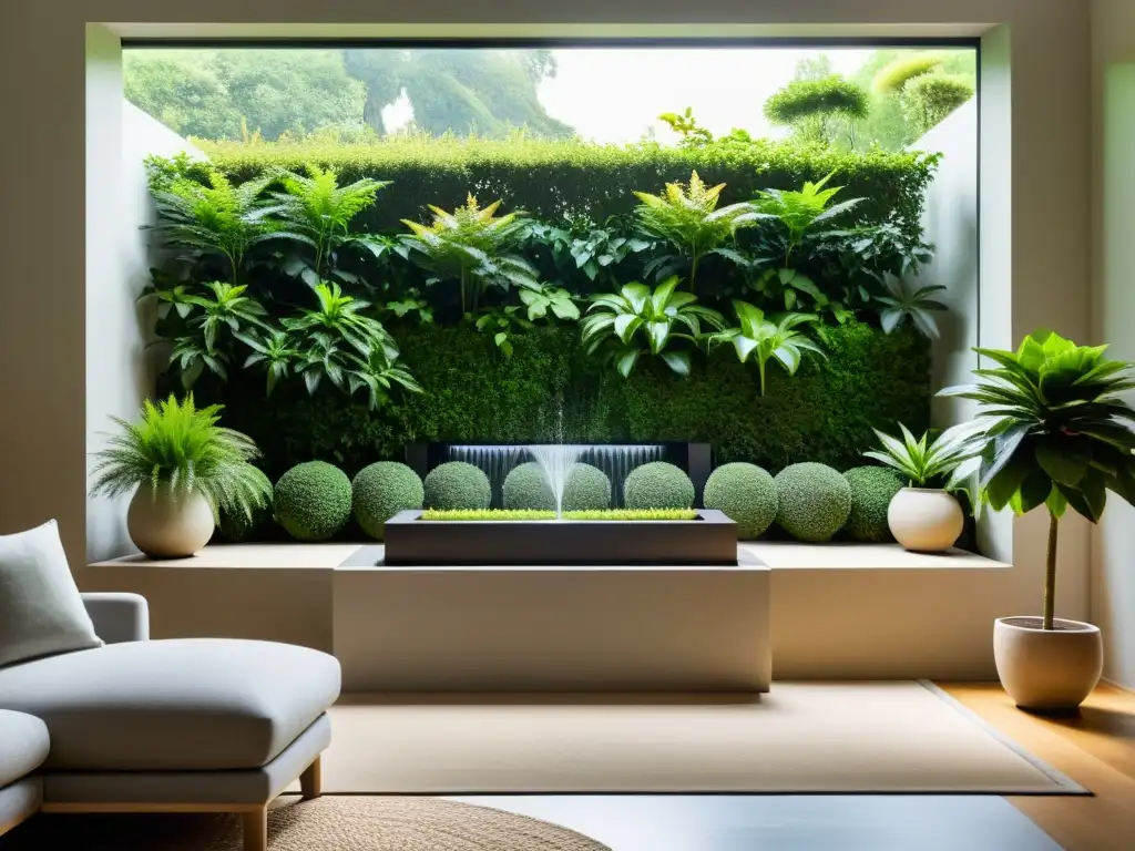 Salón minimalista en armonía con Feng Shui, ventana al jardín exuberante