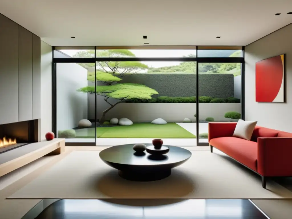 Salón minimalista con ventana grande que muestra un sereno jardín japonés