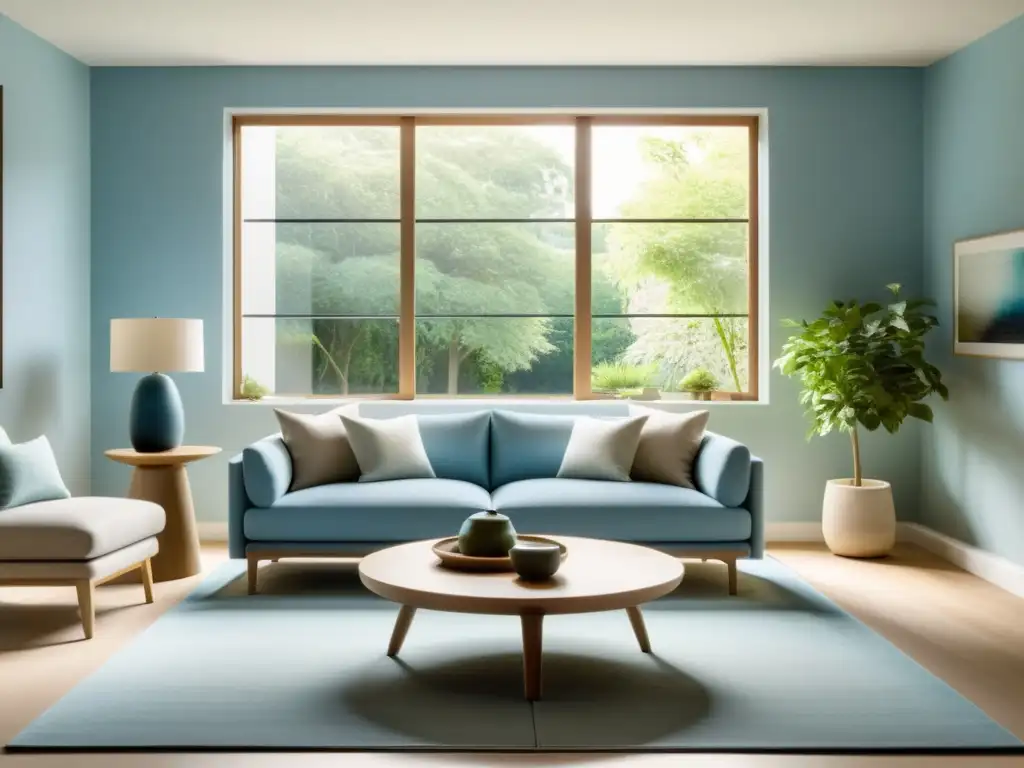 Un salón minimalista con ventana al jardín, en tonos suaves y líneas limpias para la psicología del color en feng shui