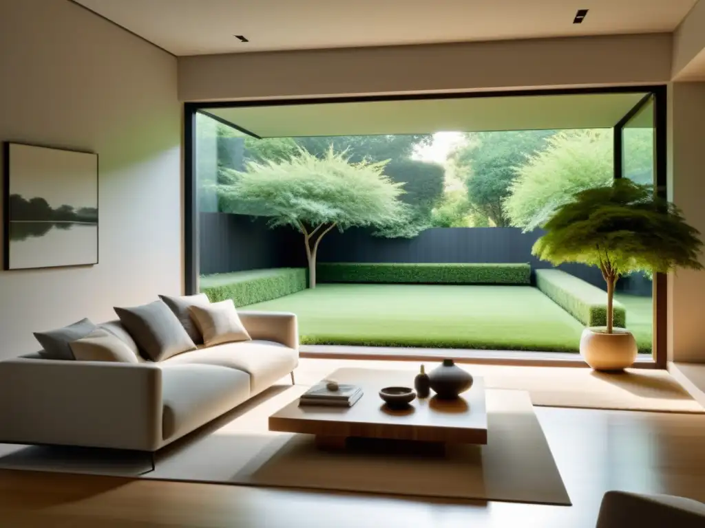 Un salón minimalista con ventana hacia un jardín tranquilo