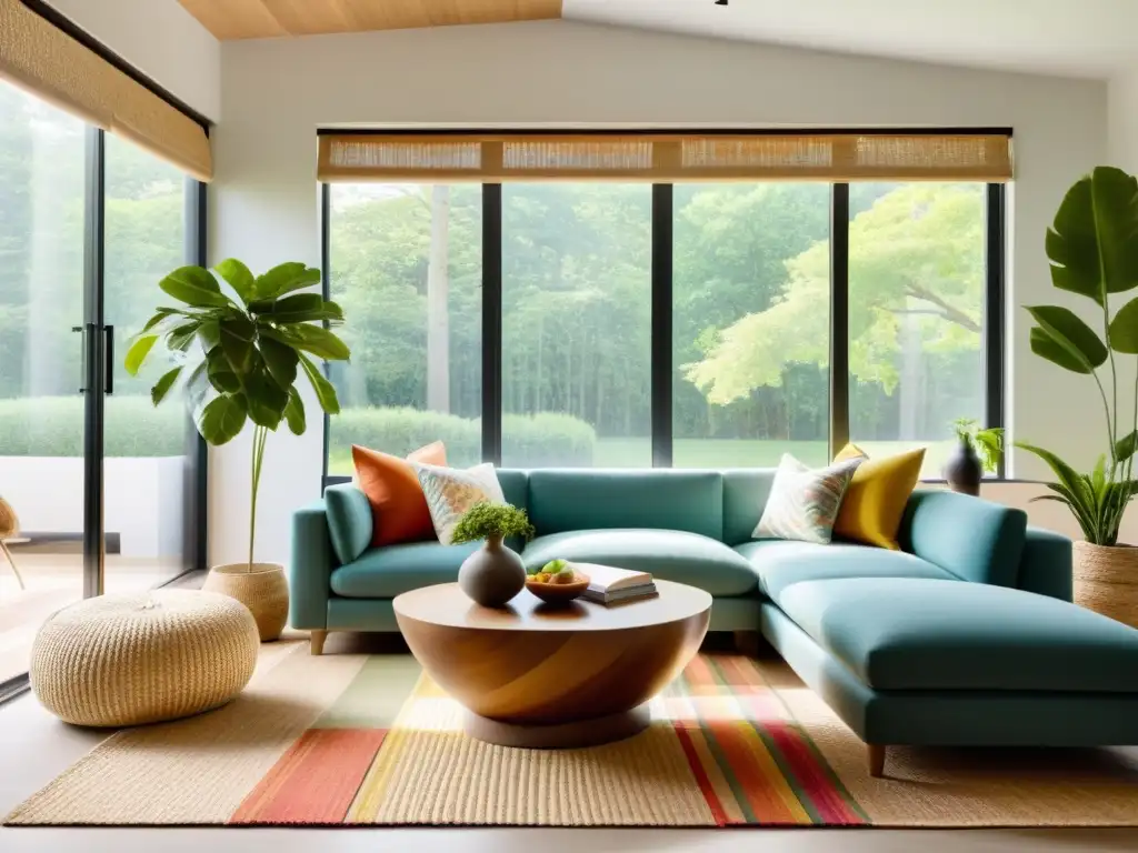 Salón minimalista con decoración veraniega y claves Feng Shui casa verano, iluminado por luz natural y una atmósfera armoniosa