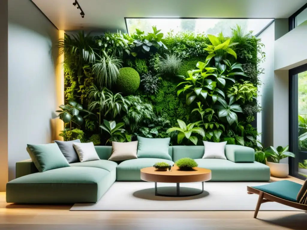 Un salón minimalista con jardín vertical interior Feng Shui, iluminado por luz natural