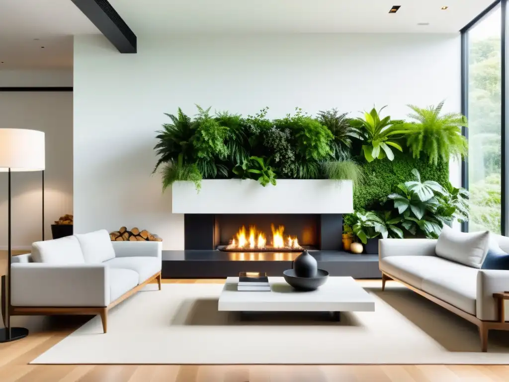 Un salón minimalista con jardines verticales, Feng Shui y energía en el hogar