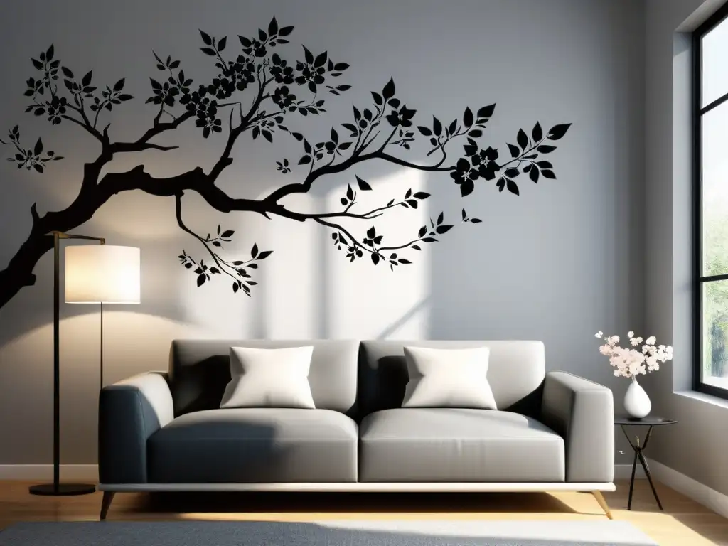 Un salón minimalista con vinilos decorativos Feng Shui para el hogar, mostrando una elegante escena con un árbol de cerezo en la pared