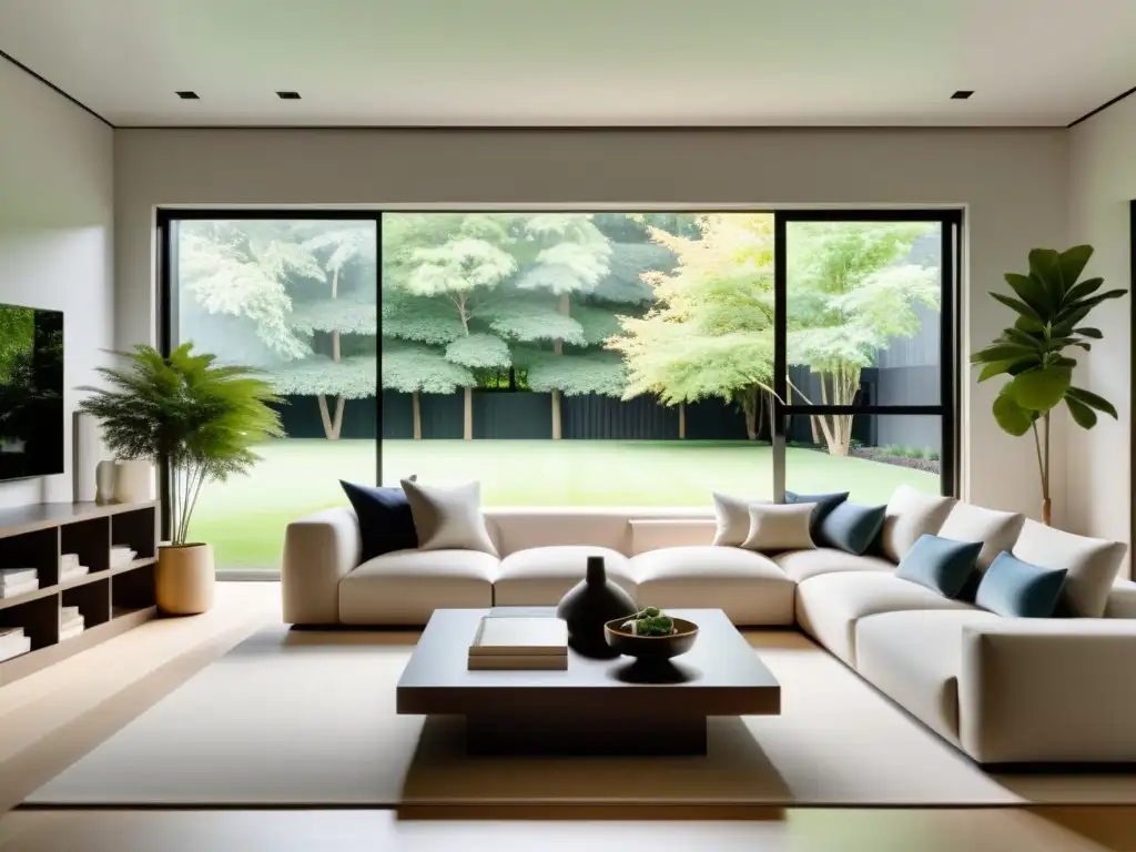 Salón minimalista con vista a jardín, Feng Shui en arquitectura moderna