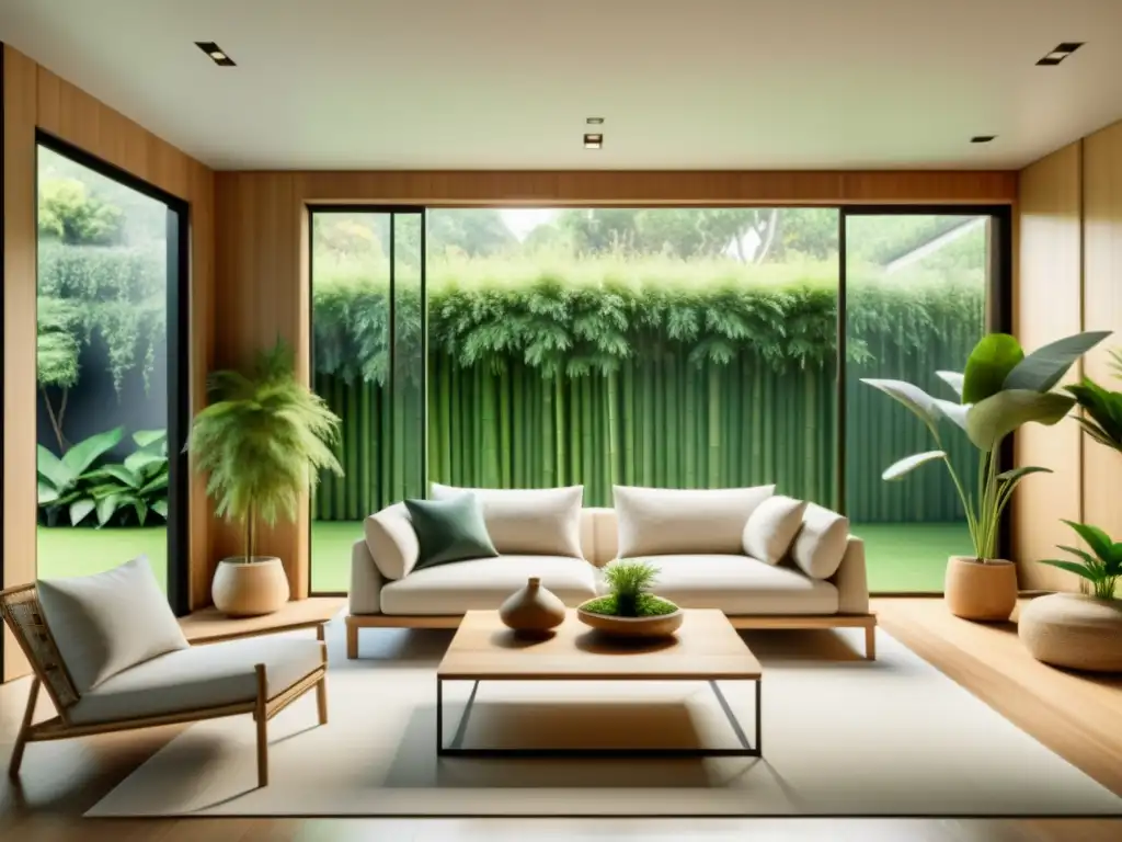 Salón minimalista con vista a jardín, decorado con materiales naturales y plantas de Feng Shui