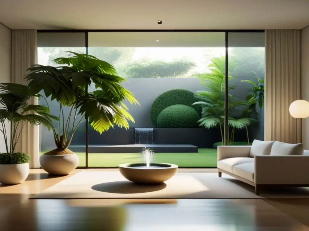 Salón minimalista con vista al jardín, equilibrando energía sala estar Feng Shui