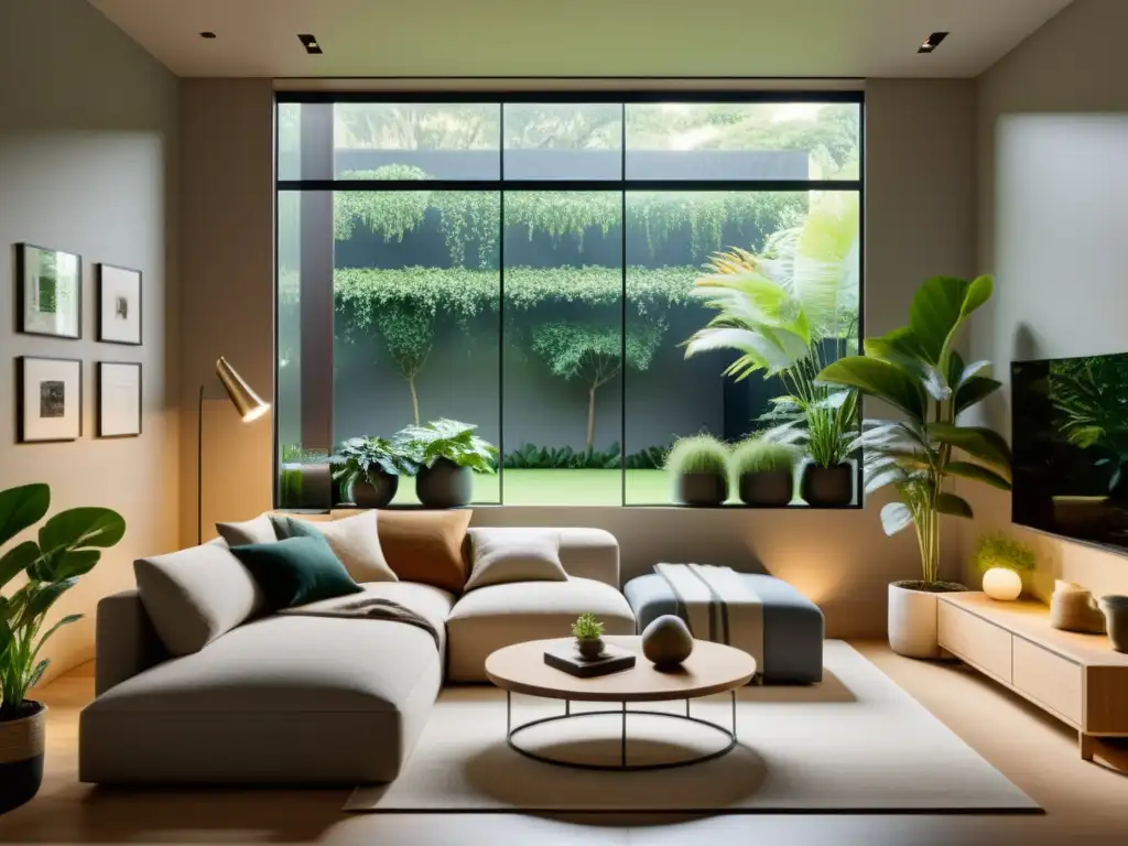 Salón minimalista con vista a un jardín exuberante