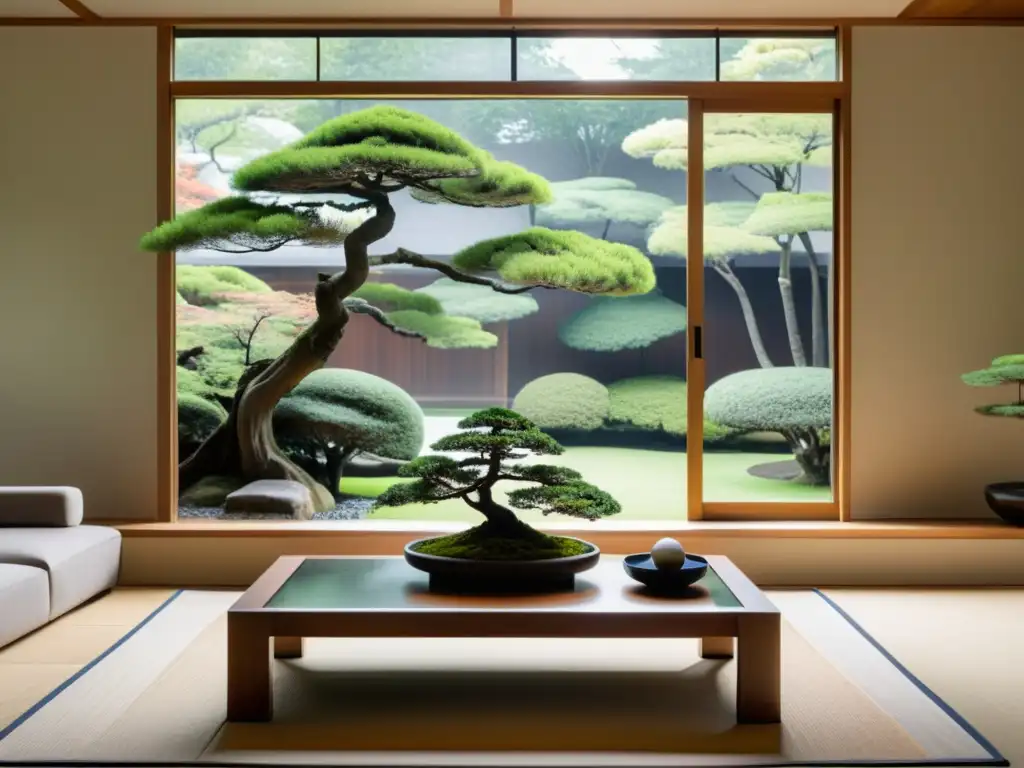 Un salón minimalista con vista a un jardín japonés, diseño de interiores con feng shui, muebles modernos y serenidad