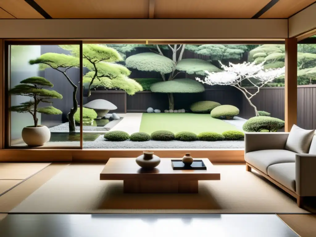 Salón minimalista con vista a jardín japonés