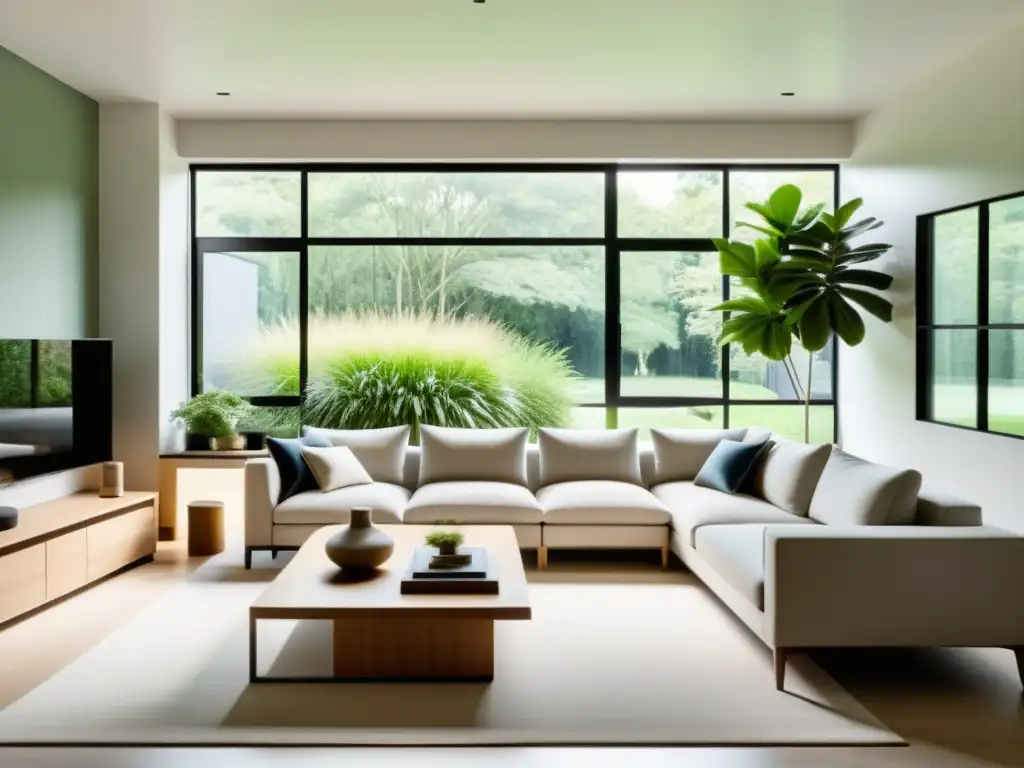 Salón minimalista con vista a un jardín exuberante, bañado en luz natural