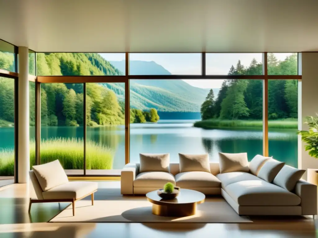 Salón minimalista con vista al lago, muebles neutros bañados por la luz del sol, evocando armonía y tranquilidad