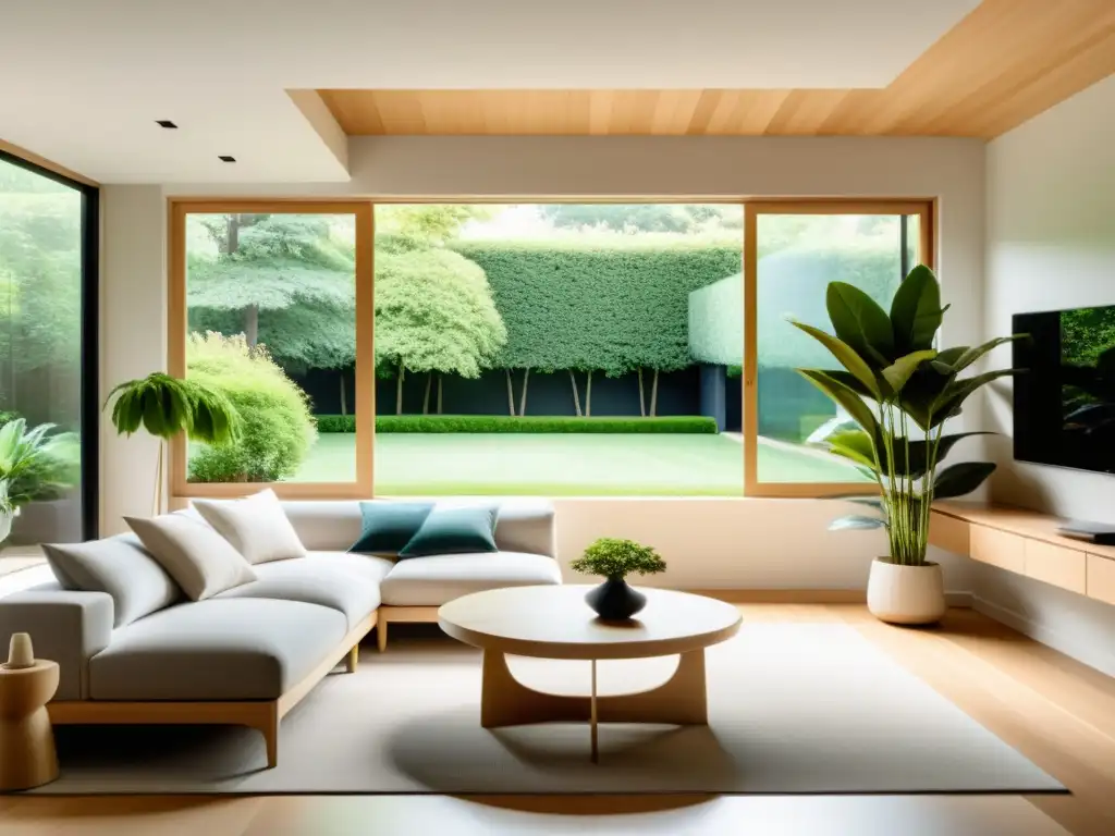 Salón minimalista con vista al jardín, muebles de madera clara y plantas