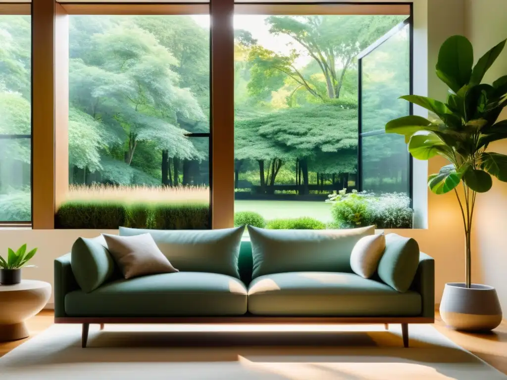 Salón minimalista con vista a jardín, luz natural y monitor de calidad del aire, para un ambiente Feng Shui tranquilo