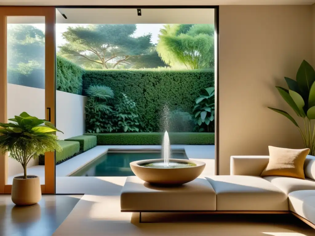 Salón minimalista con vista a jardín, luz natural y decoración serena, en armonía con Rituales de limpieza Feng Shui