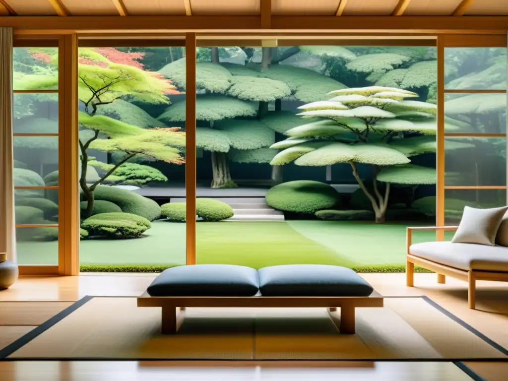 Un salón minimalista en armonía con el Feng Shui, con vista a un jardín japonés, transmite serenidad y equilibrio