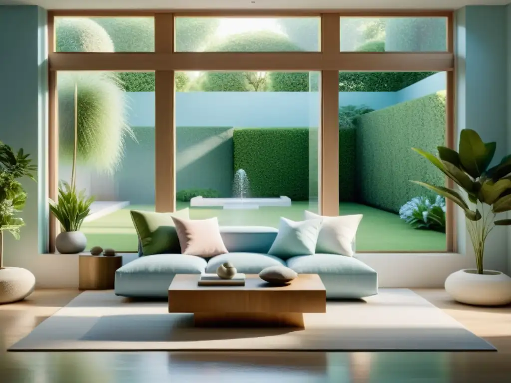 Salón minimalista con vista a jardín sereno, paleta de colores suaves y rincón de meditación, promoviendo serenidad en diseño de interiores