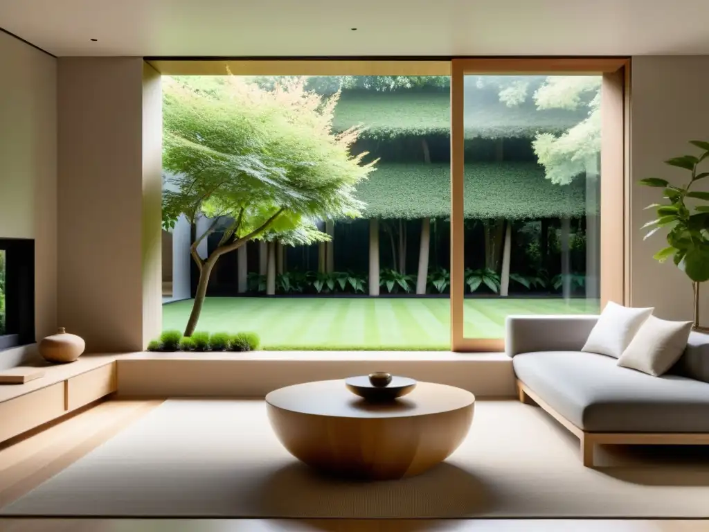 Salón minimalista con vista a jardín sereno, muebles elegantes y luz natural para practicar Feng Shui y despejar energía