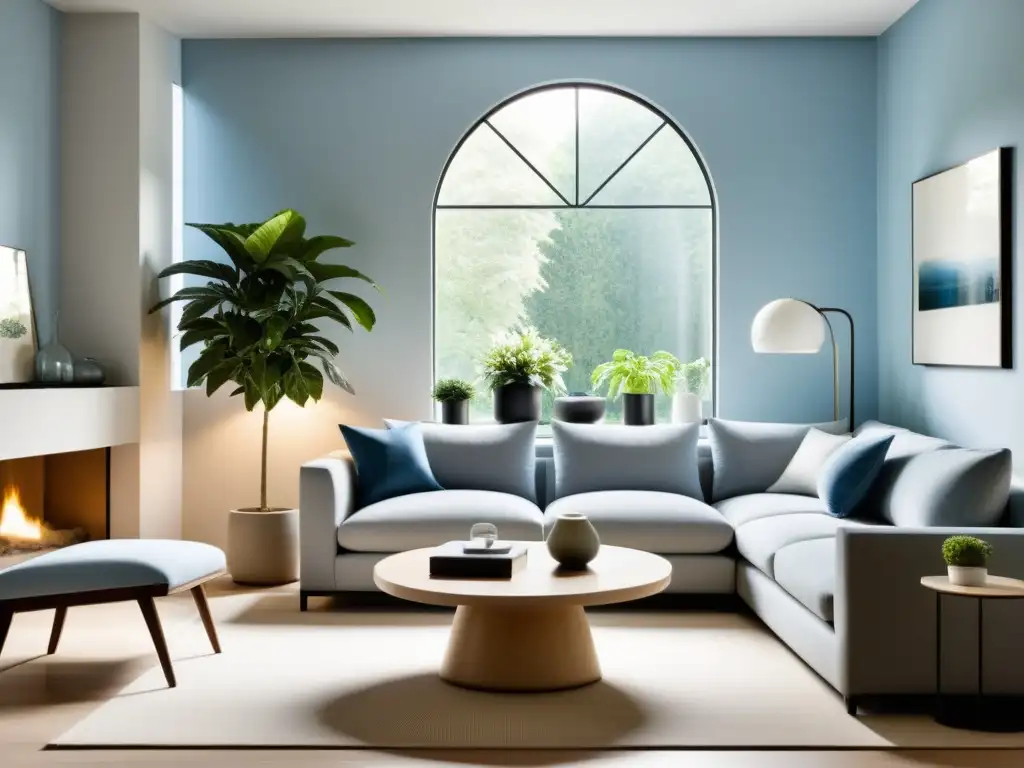 Salón minimalista con vista a un jardín tranquilo, muebles equilibrados, luz natural y paleta de colores suaves