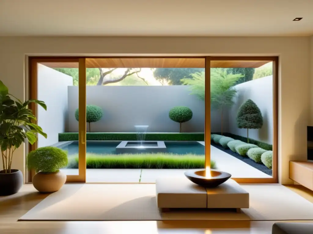 Un salón minimalista con vista a un jardín tranquilo, decorado con elementos de Feng Shui filosofía taoísta práctica, armonía y equilibrio