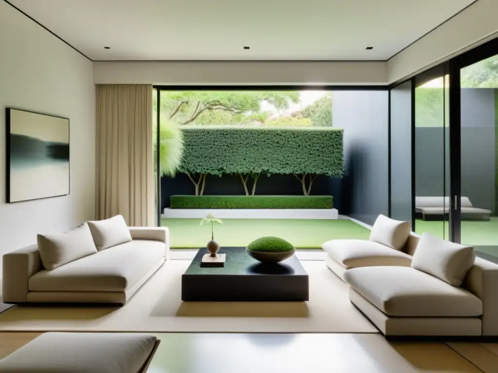 Un salón minimalista con vista a un jardín tranquilo, estrategias Feng Shui armonizar hogar