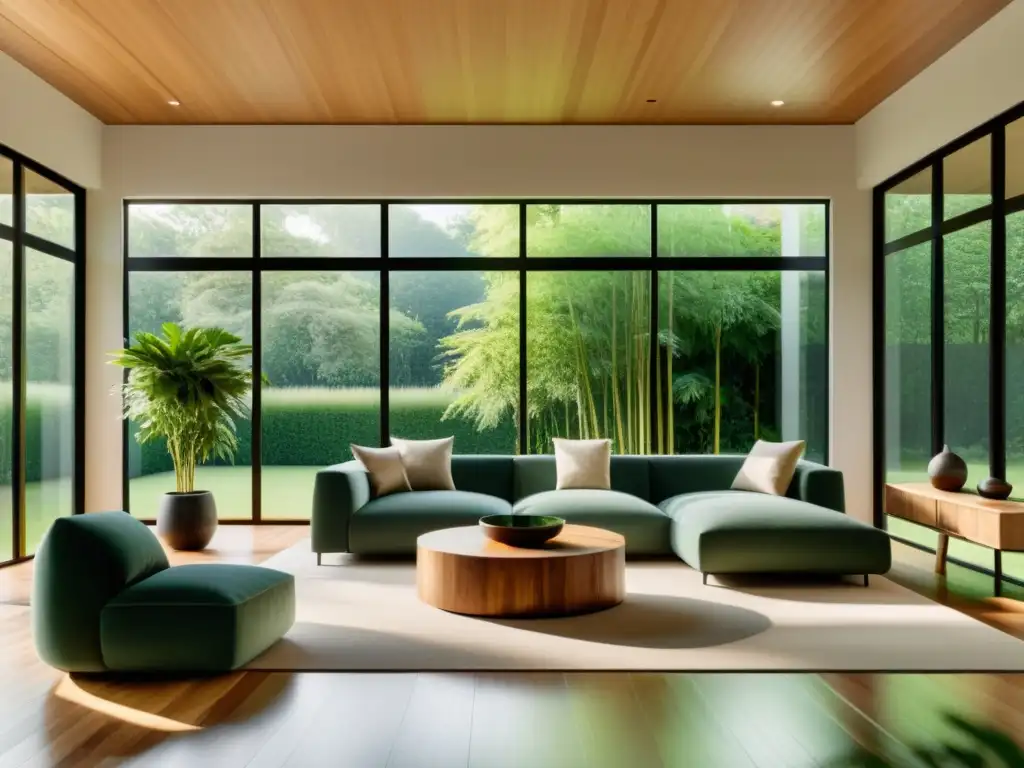 Salón minimalista con vista a jardín verde