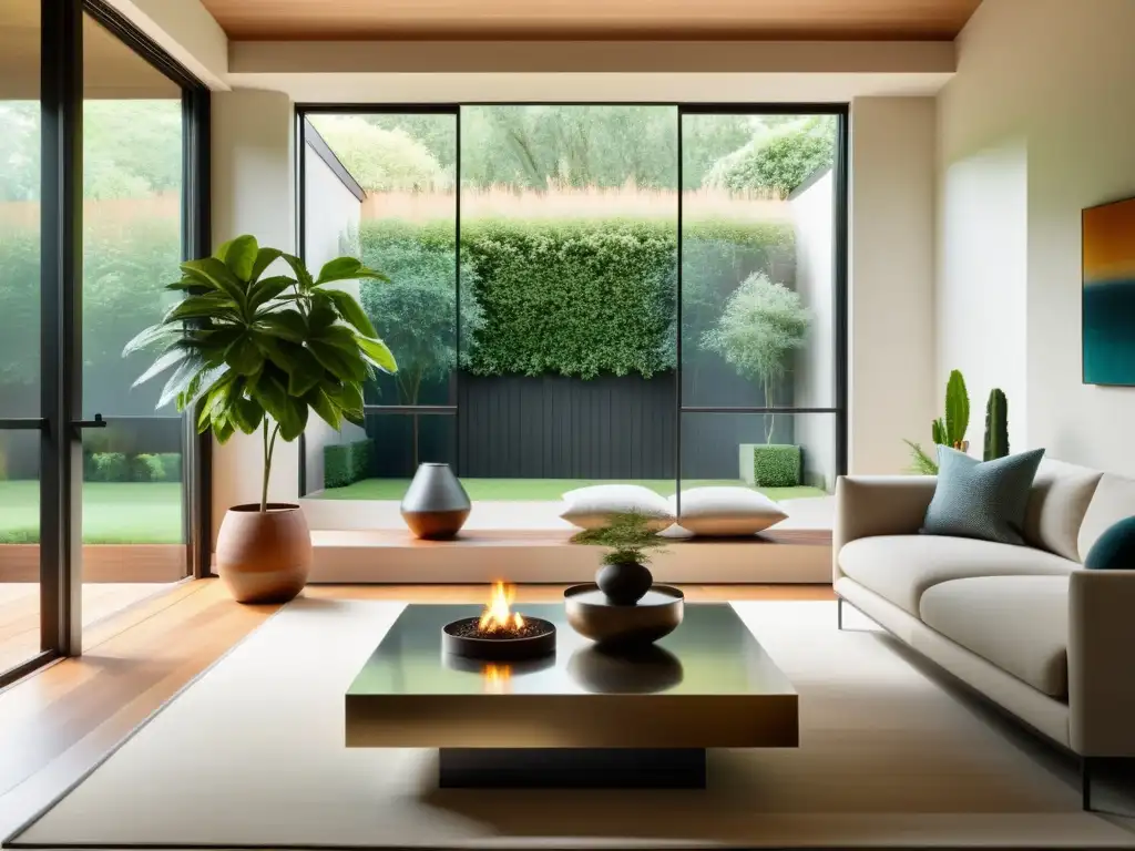 Un salón minimalista con vista al jardín