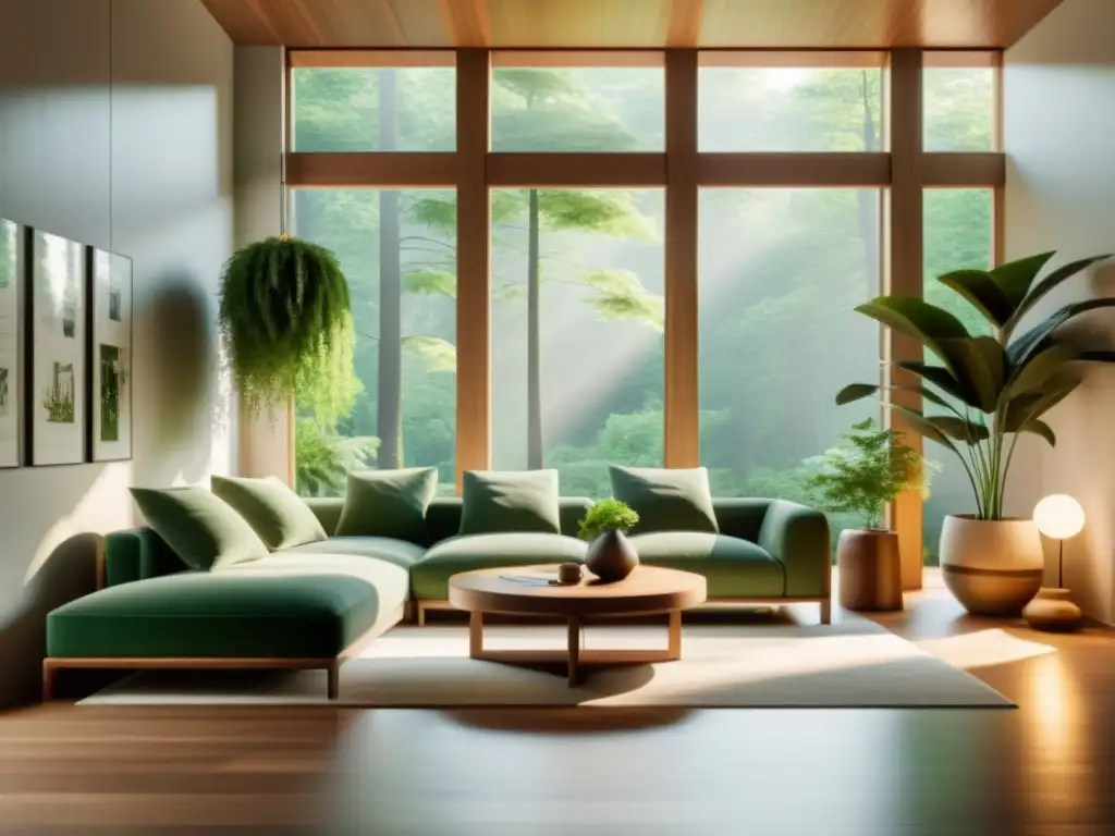 Salón minimalista con vistas a un bosque, muebles de madera, plantas y tonos terrosos