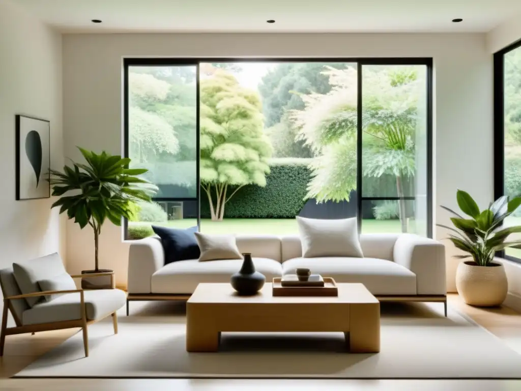 Salón minimalista con vistas al jardín, siguiendo las claves del Feng Shui para la felicidad en el hogar