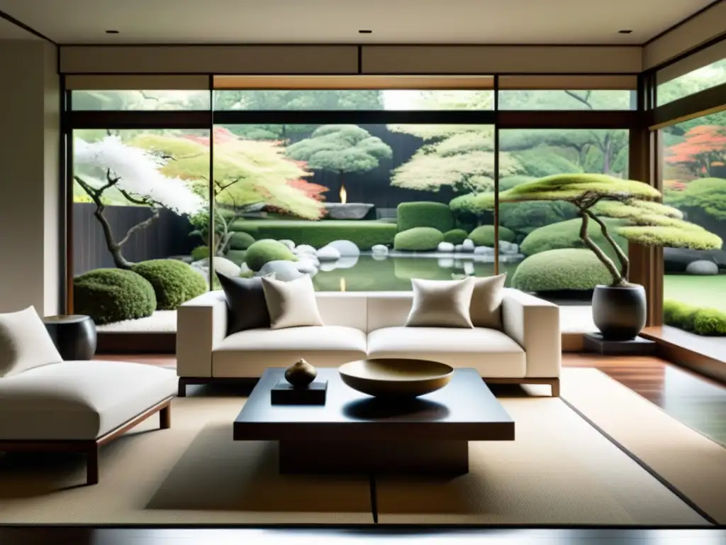 Salón minimalista con vistas a un jardín japonés, decorado en armonía con el Feng Shui, elementos contemporáneos