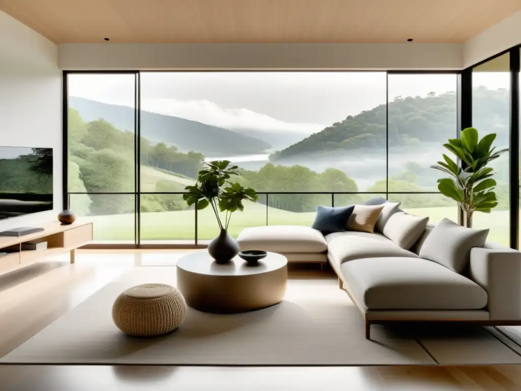 Un salón minimalista con vistas a un paisaje natural sereno