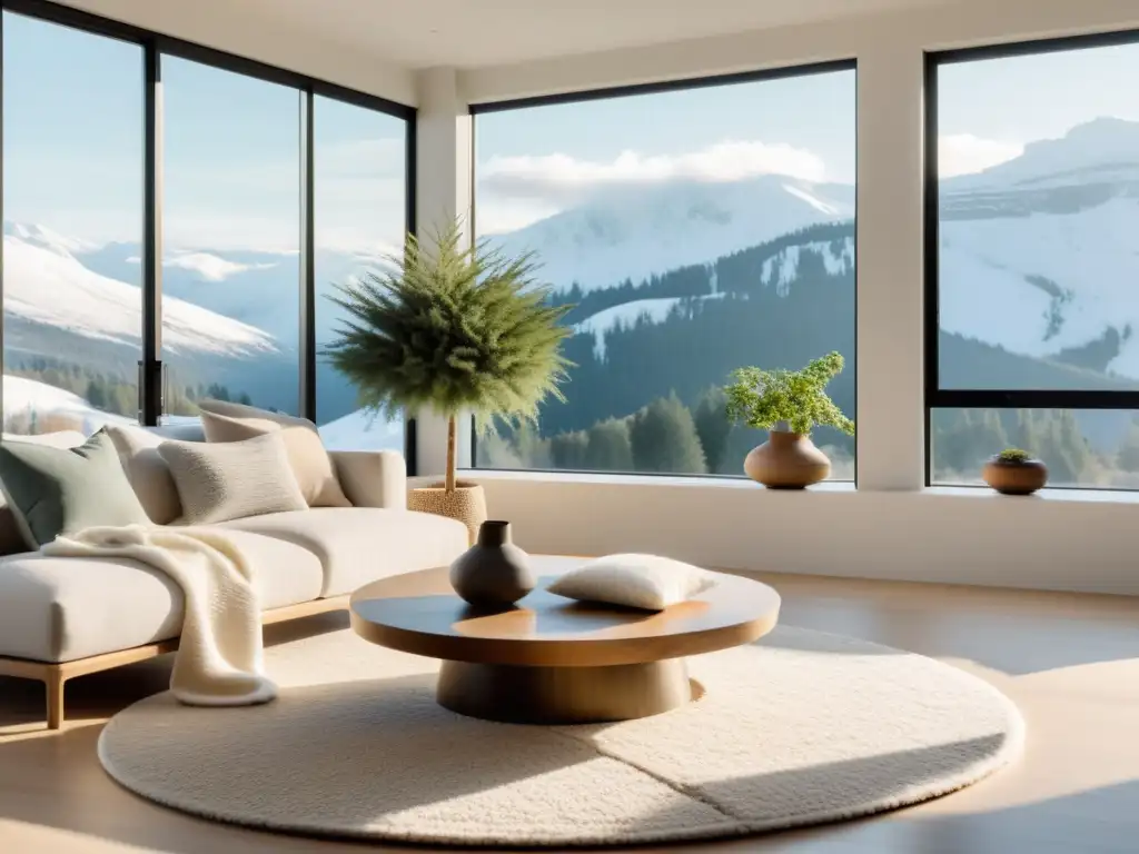 Salón minimalista con vistas a paisaje nevado y consejos de Feng Shui para transiciones suaves