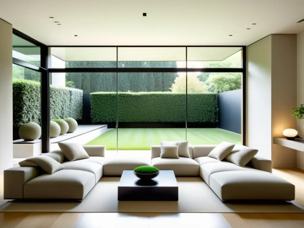 Un salón minimalista con vistas a un jardín sereno, muebles modernos y elementos de Feng Shui para espacios modernos