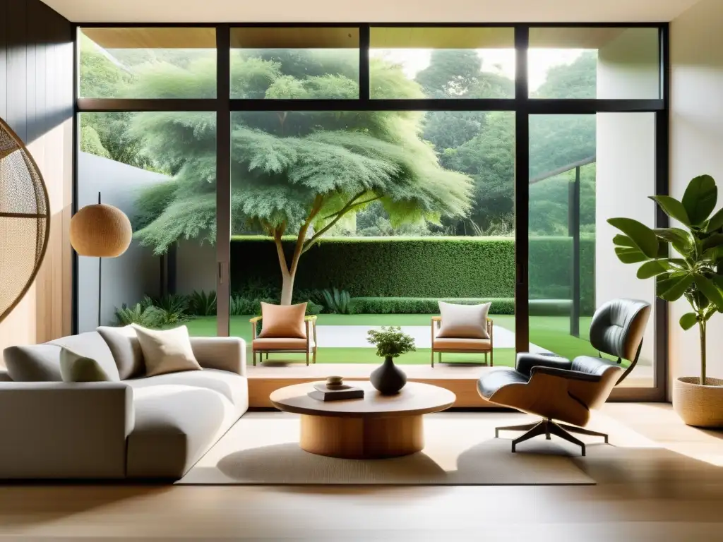 Salón minimalista con vistas a jardín verde, diseño sereno, muebles naturales, luz natural y plantas, armonización hogar Feng Shui naturaleza