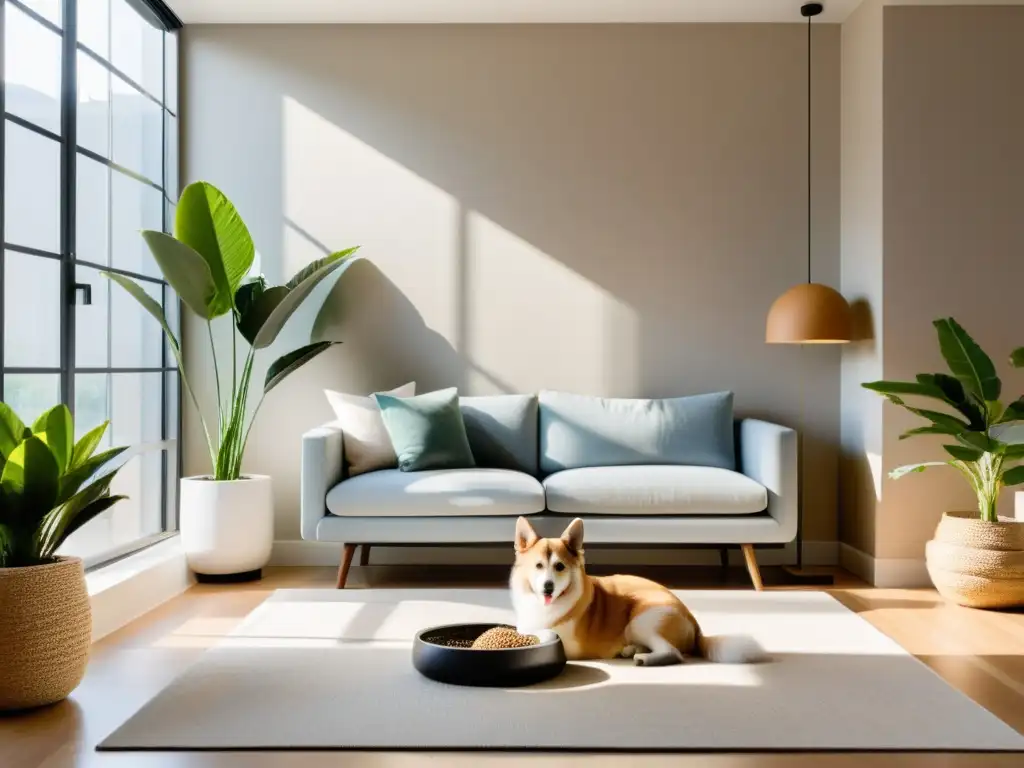 Un salón moderno y acogedor con luz natural, decoración minimalista y una cama para mascotas rodeada de plantas y una fuente