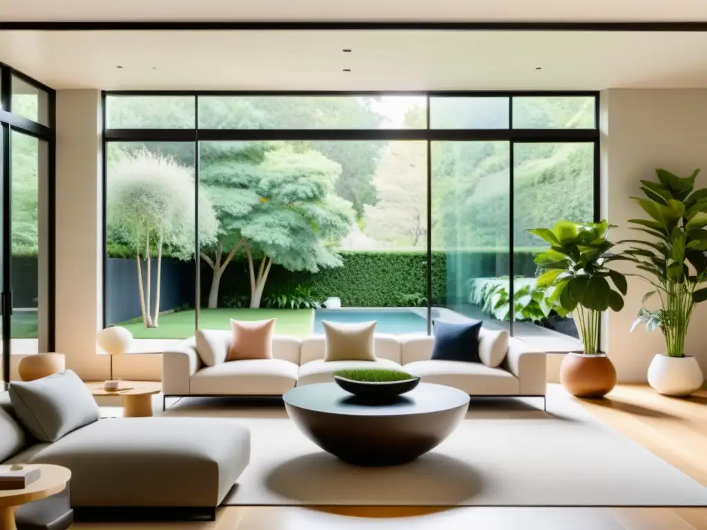 Salón moderno con Feng Shui para casas autónomas, decoración minimalista, iluminación natural y vista al jardín sereno