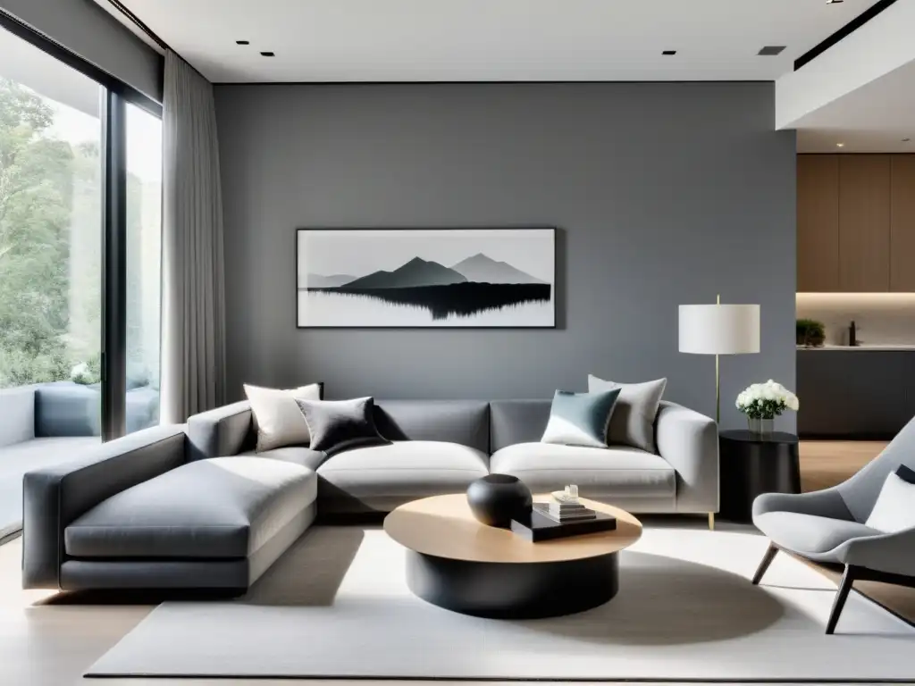 Salón moderno y espacioso con integración de color gris en feng shui, ventanales, sofá gris y mesa de café minimalista